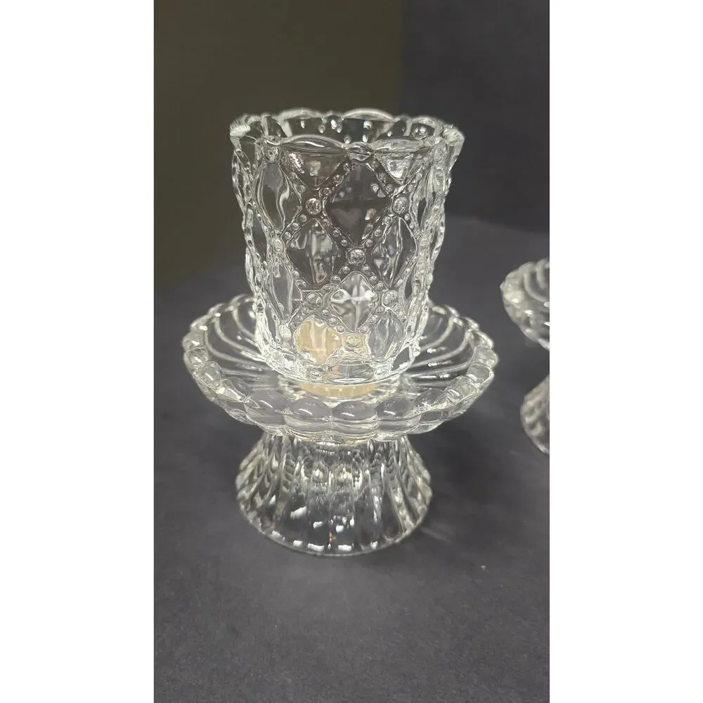 PartyLite Clear Glass Quilted Tealight Votive Candle Holders Pair Small Pedestal